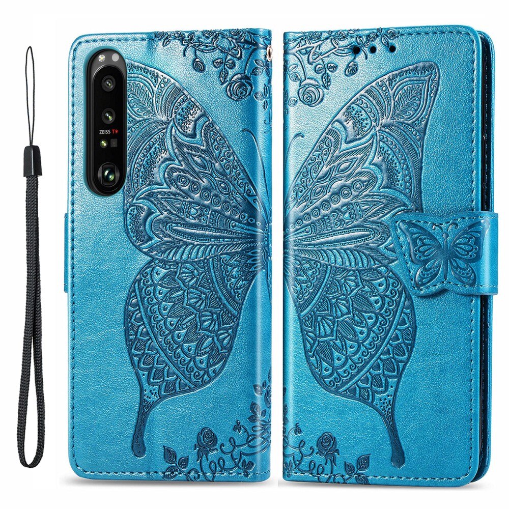 Custodia in pelle a farfalle per Sony Xperia 1 III, blu