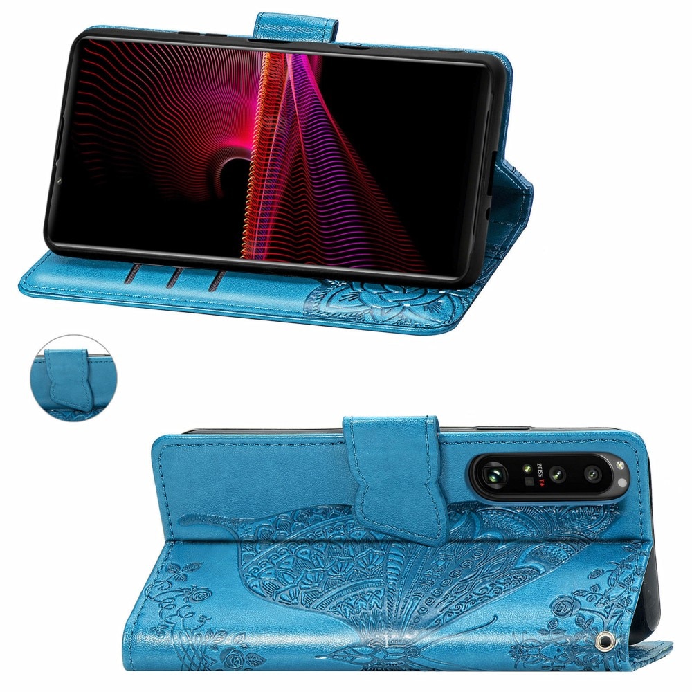 Custodia in pelle a farfalle per Sony Xperia 1 III, Blu