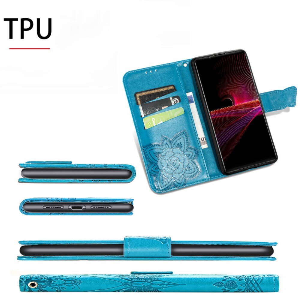 Custodia in pelle a farfalle per Sony Xperia 1 III, Blu