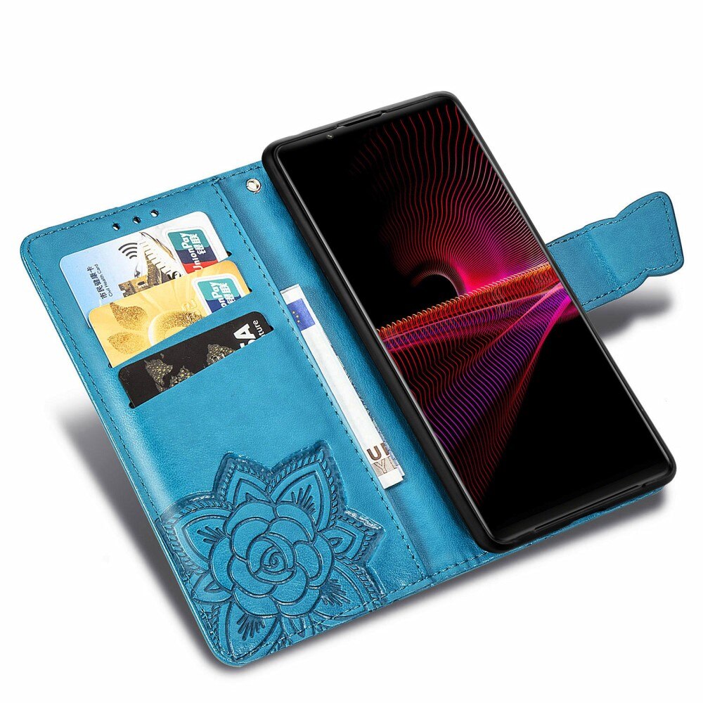 Custodia in pelle a farfalle per Sony Xperia 1 III, blu