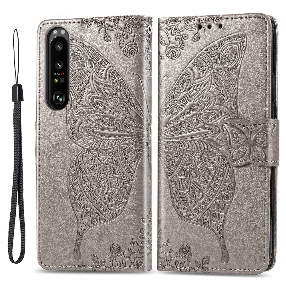 Custodia in pelle a farfalle per Sony Xperia 1 III, Grigio