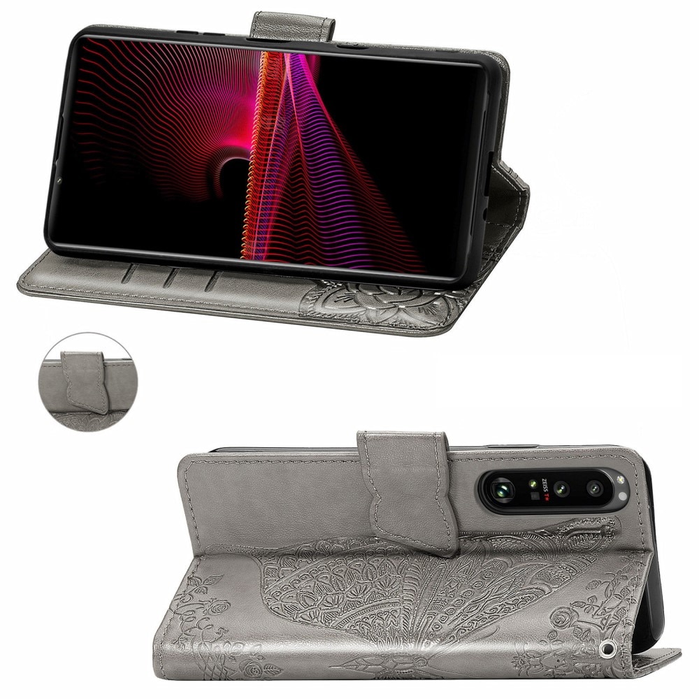 Custodia in pelle a farfalle per Sony Xperia 1 III, Grigio