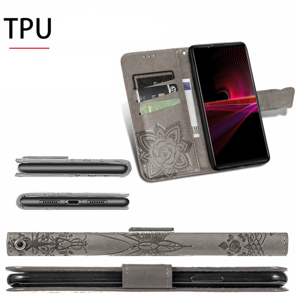 Custodia in pelle a farfalle per Sony Xperia 1 III, Grigio