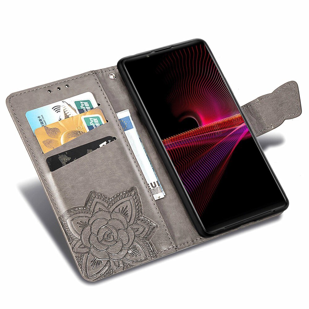 Custodia in pelle a farfalle per Sony Xperia 1 III, Grigio