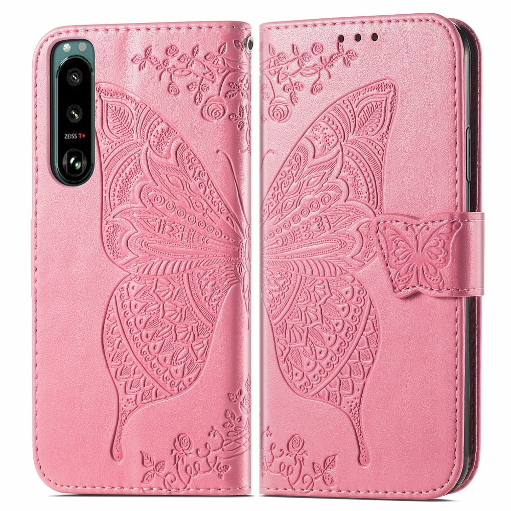 Custodia in pelle a farfalle per Sony Xperia 5 III, rosa