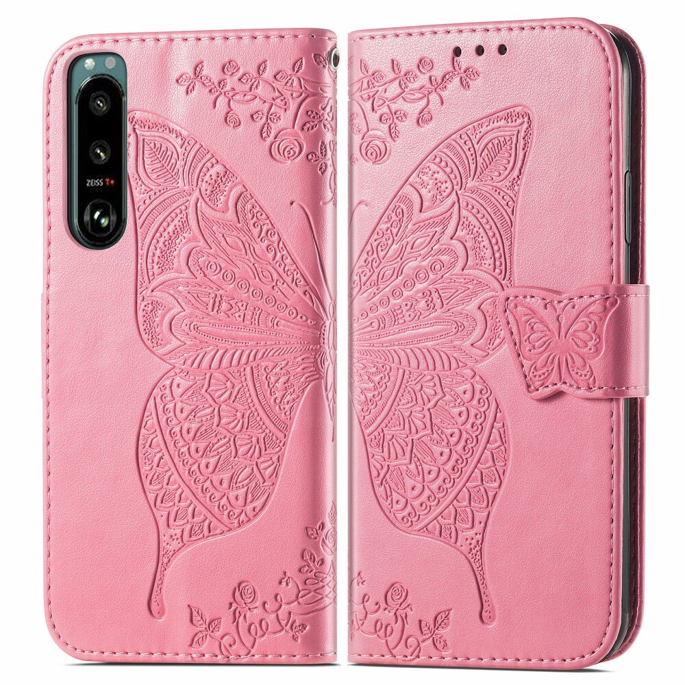 Custodia in pelle a farfalle per Sony Xperia 5 III, Rosa