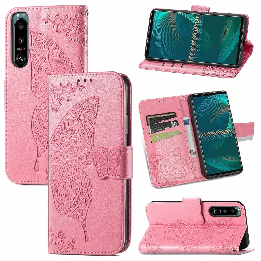 Custodia in pelle a farfalle per Sony Xperia 5 III, Rosa