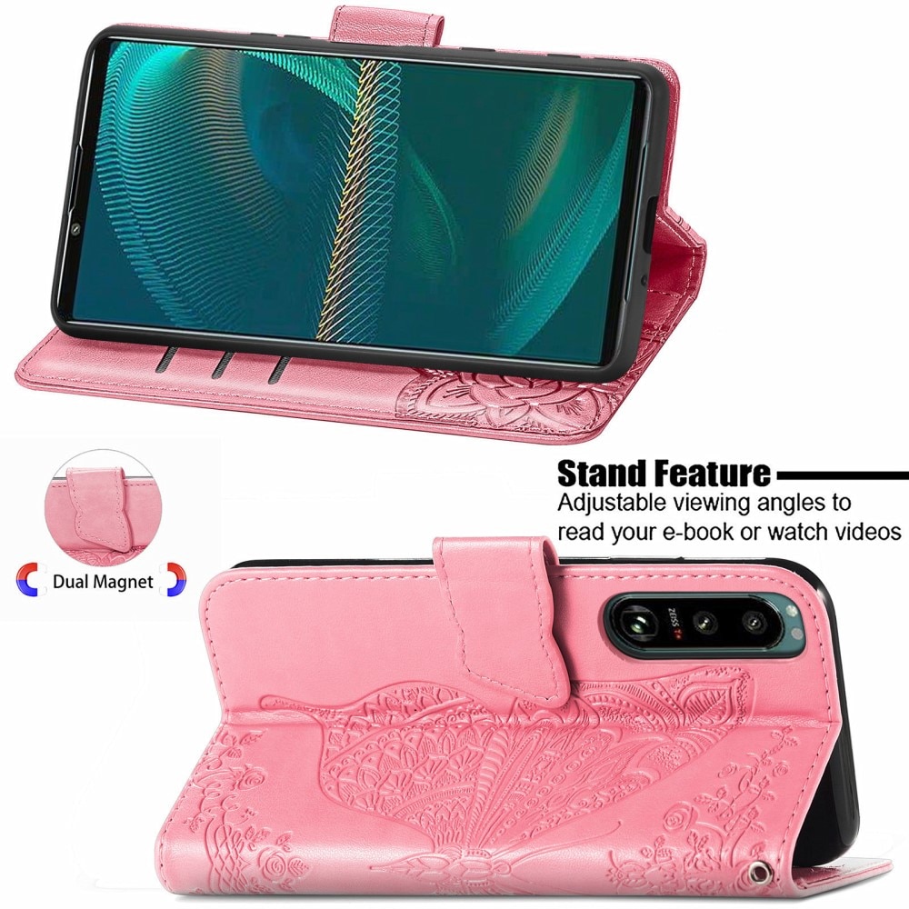 Custodia in pelle a farfalle per Sony Xperia 5 III, rosa