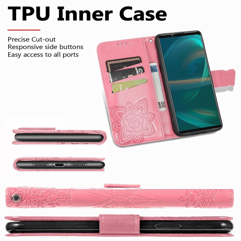 Custodia in pelle a farfalle per Sony Xperia 5 III, Rosa