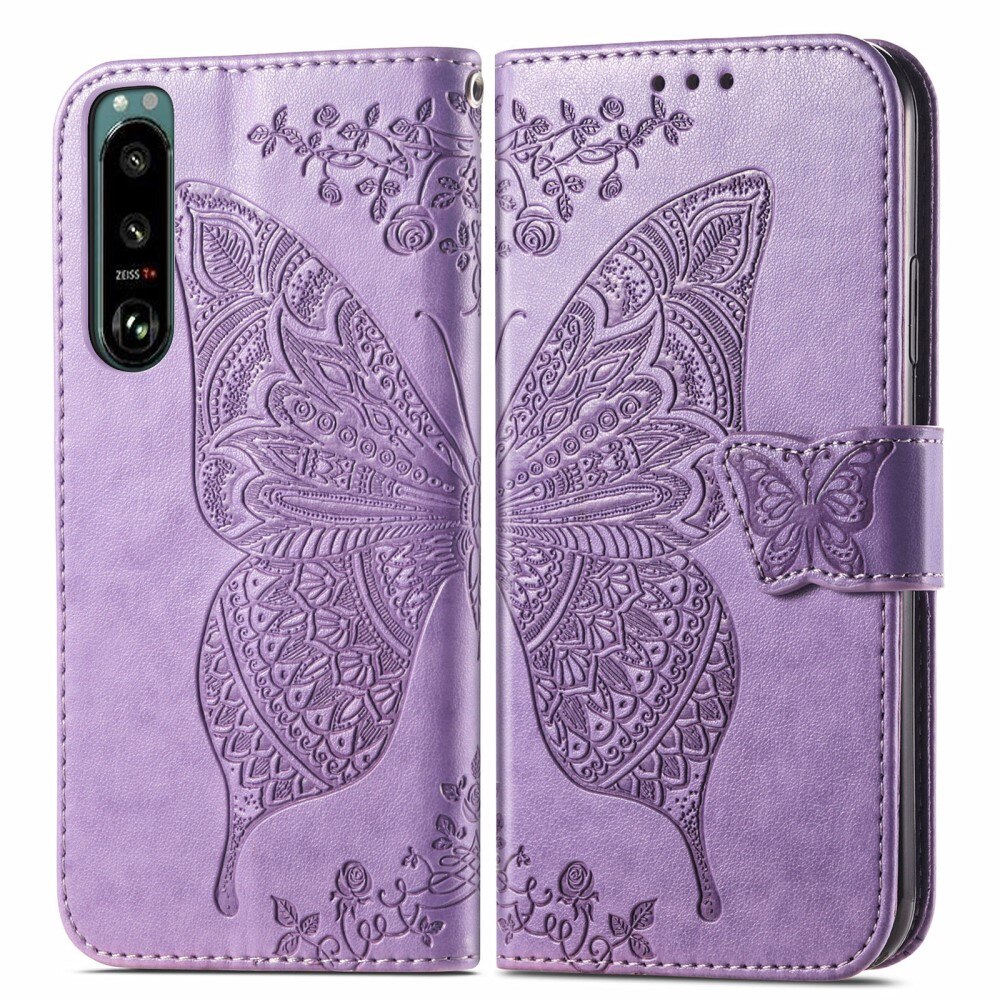 Custodia in pelle a farfalle per Sony Xperia 5 III, Viola