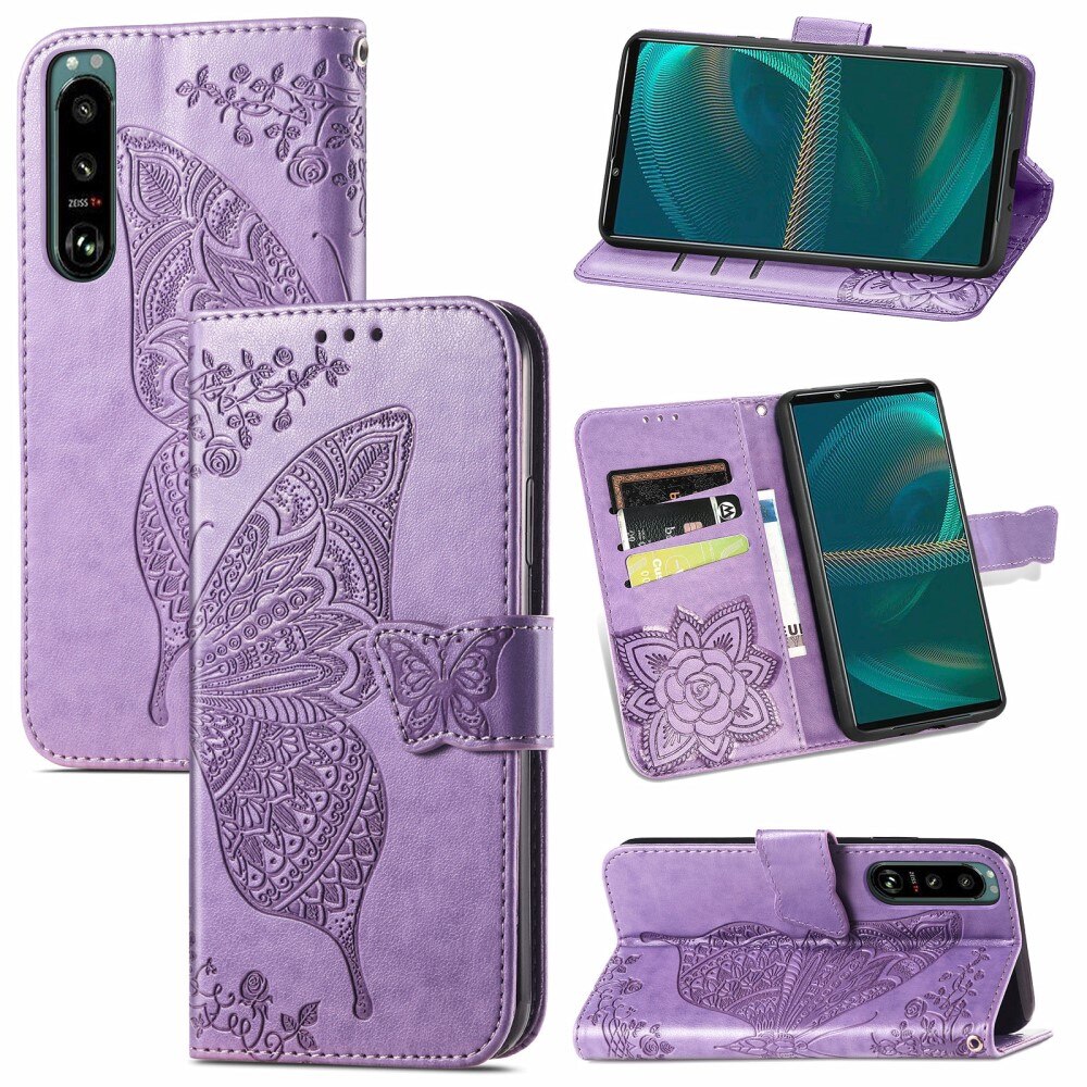 Custodia in pelle a farfalle per Sony Xperia 5 III, Viola