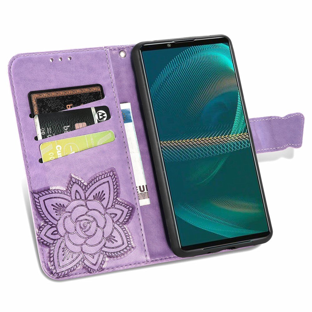 Custodia in pelle a farfalle per Sony Xperia 5 III, viola