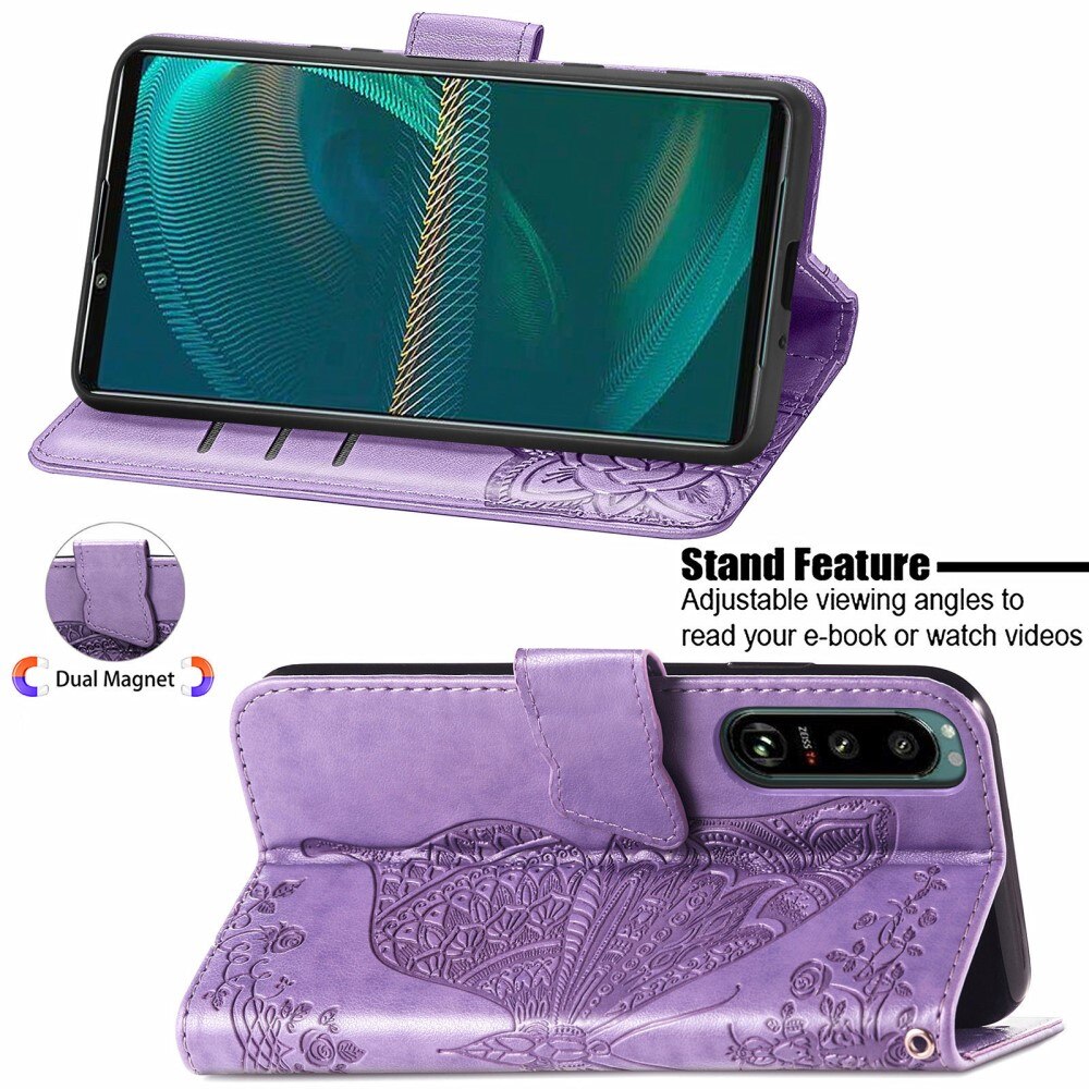 Custodia in pelle a farfalle per Sony Xperia 5 III, Viola