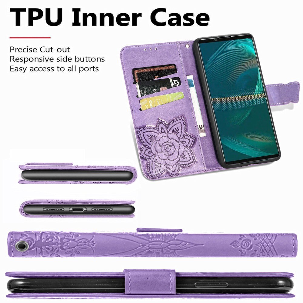 Custodia in pelle a farfalle per Sony Xperia 5 III, Viola