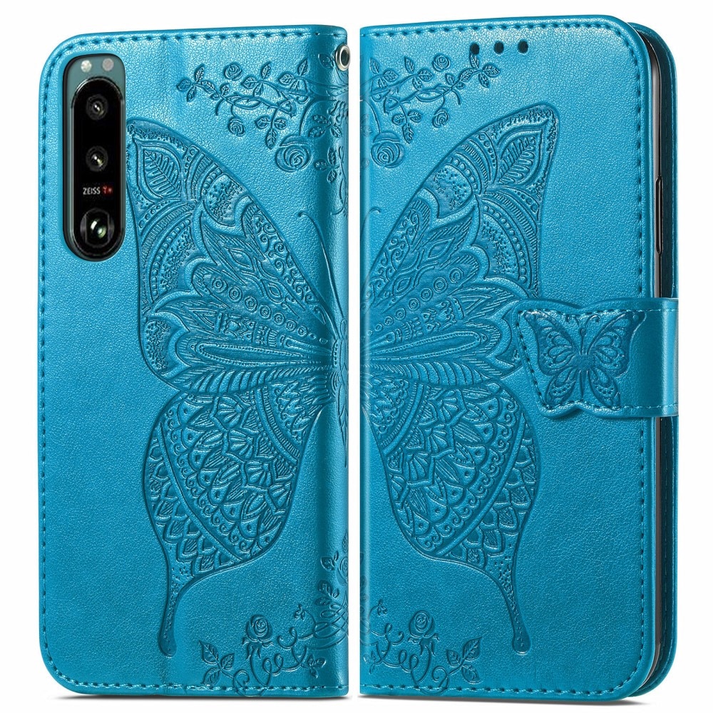 Custodia in pelle a farfalle per Sony Xperia 5 III, Blu