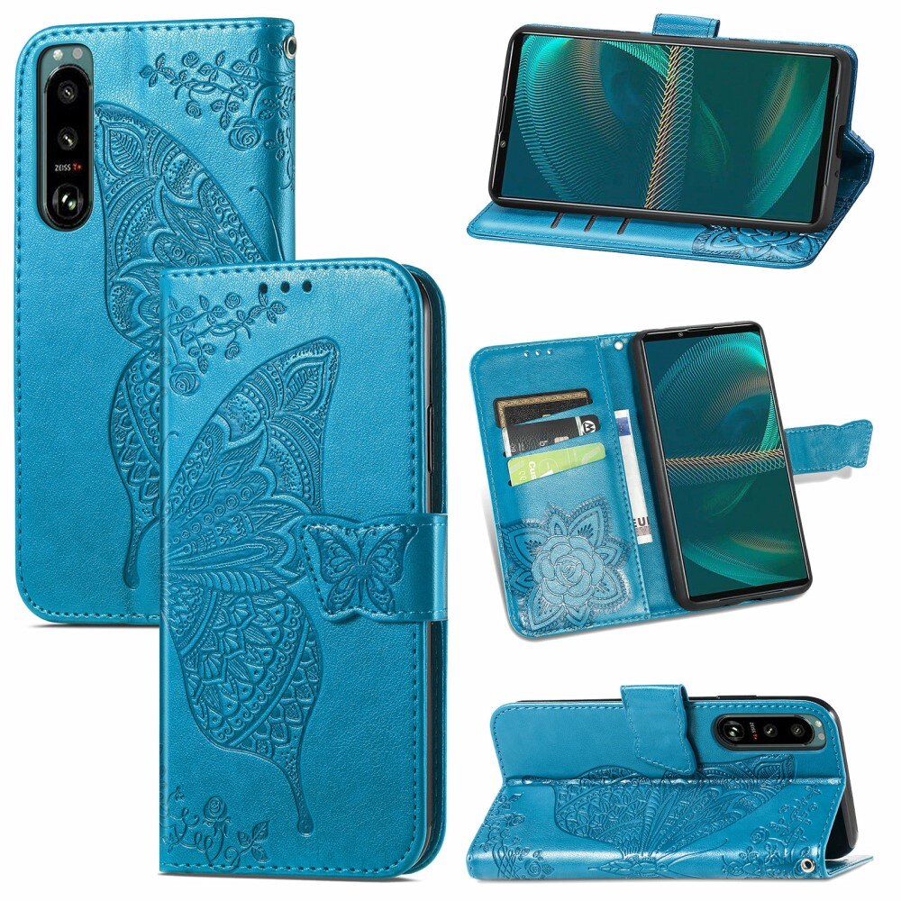 Custodia in pelle a farfalle per Sony Xperia 5 III, Blu