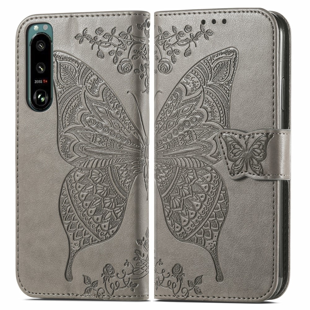 Custodia in pelle a farfalle per Sony Xperia 5 III, Grigio