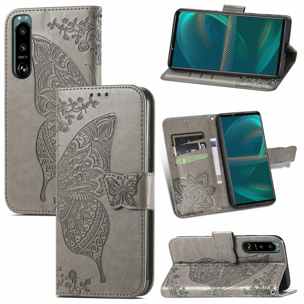 Custodia in pelle a farfalle per Sony Xperia 5 III, Grigio