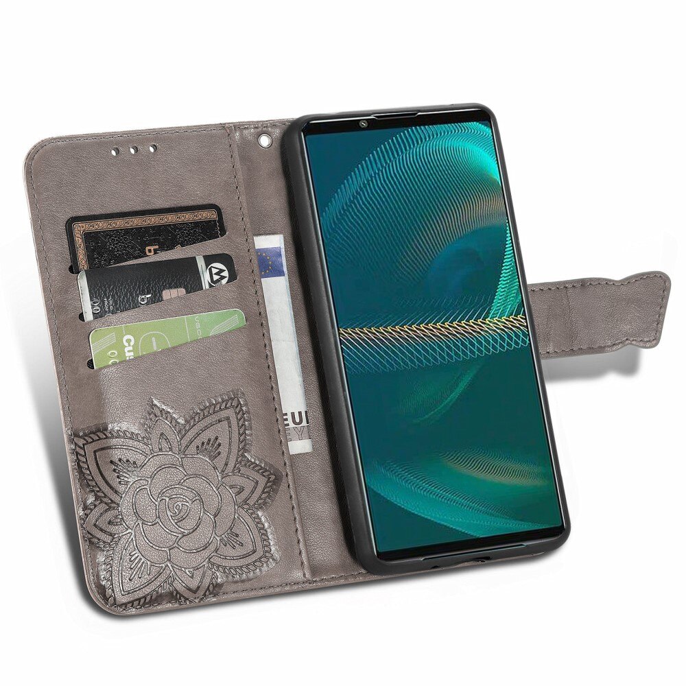 Custodia in pelle a farfalle per Sony Xperia 5 III, Grigio