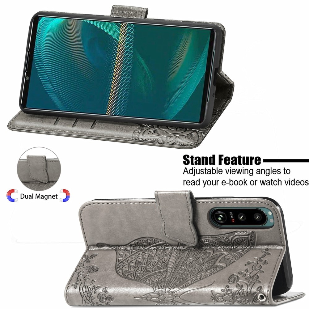 Custodia in pelle a farfalle per Sony Xperia 5 III, Grigio