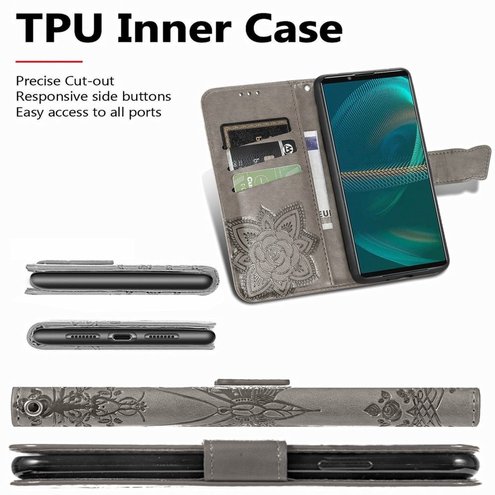 Custodia in pelle a farfalle per Sony Xperia 5 III, Grigio