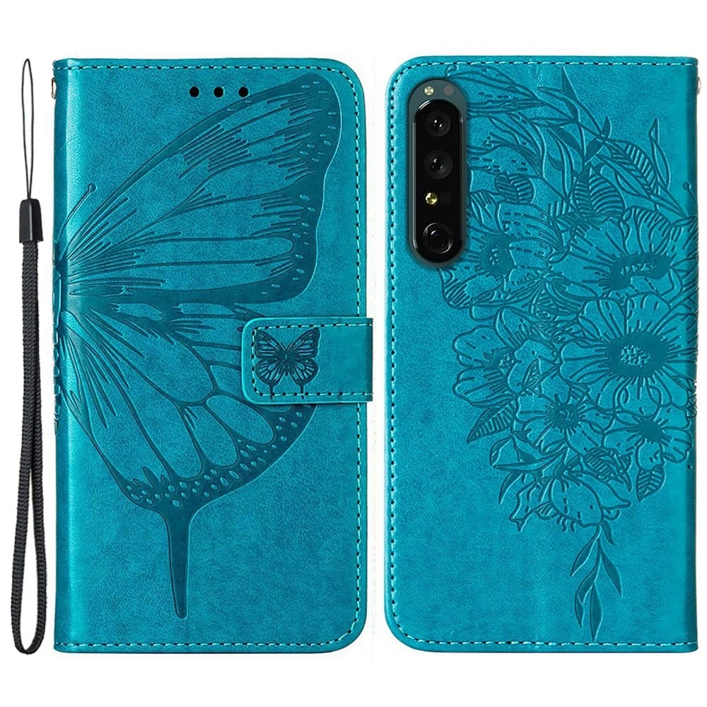 Custodia in pelle a farfalle per Sony Xperia 1 IV, blu