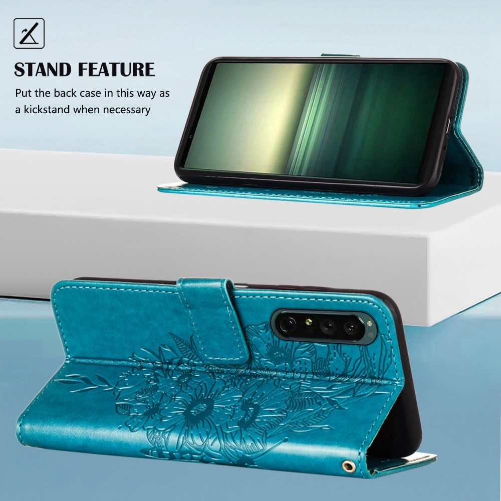 Custodia in pelle a farfalle per Sony Xperia 1 IV, Blu