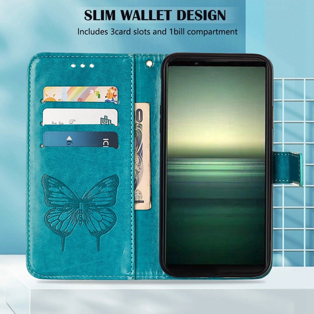 Custodia in pelle a farfalle per Sony Xperia 1 IV, Blu