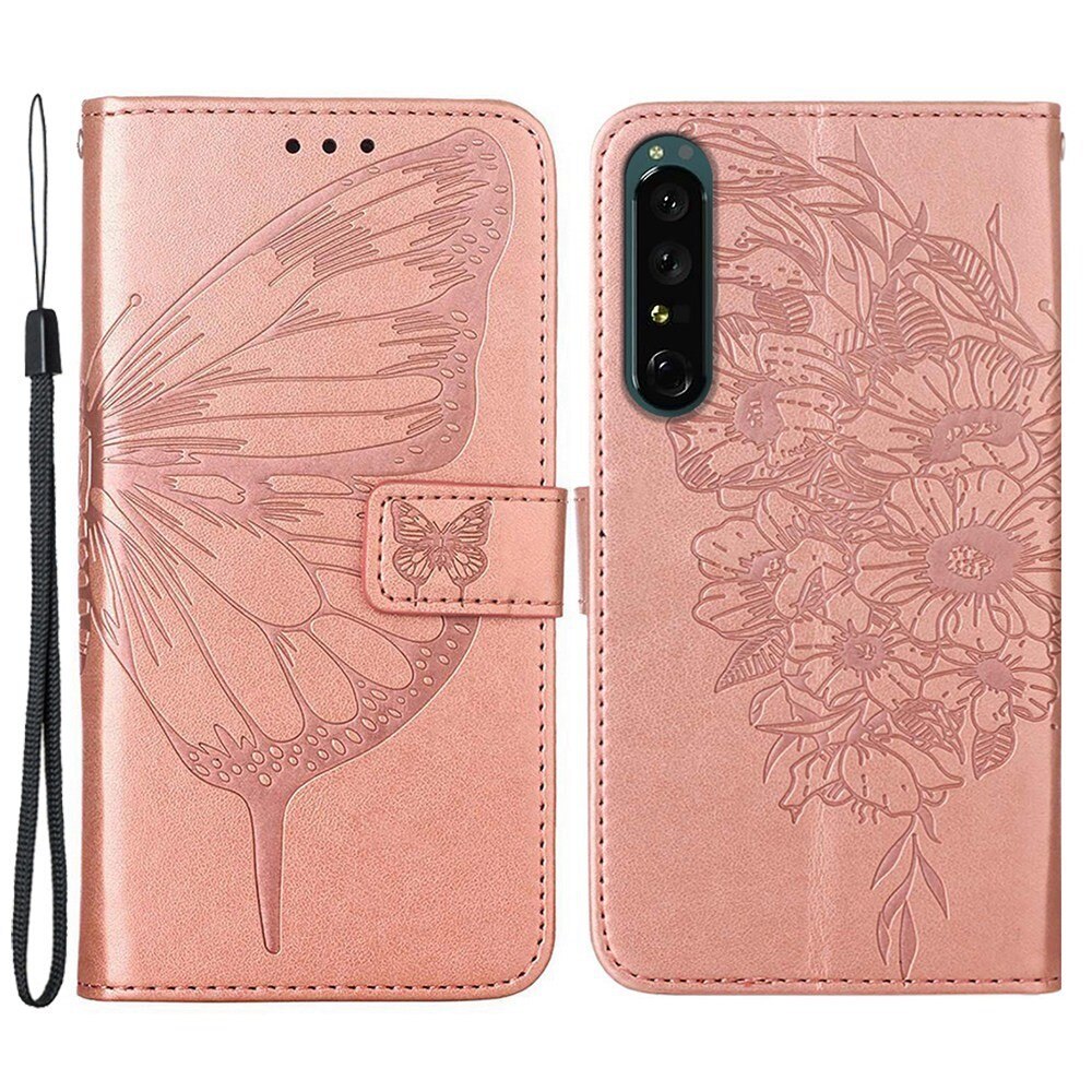 Custodia in pelle a farfalle per Sony Xperia 1 IV, rosa