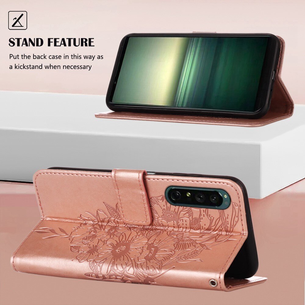 Custodia in pelle a farfalle per Sony Xperia 1 IV, Oro rosa