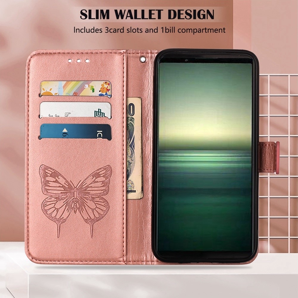 Custodia in pelle a farfalle per Sony Xperia 1 IV, Oro rosa