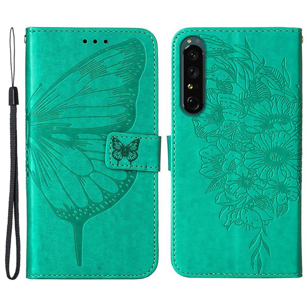 Custodia in pelle a farfalle per Sony Xperia 1 IV, verde