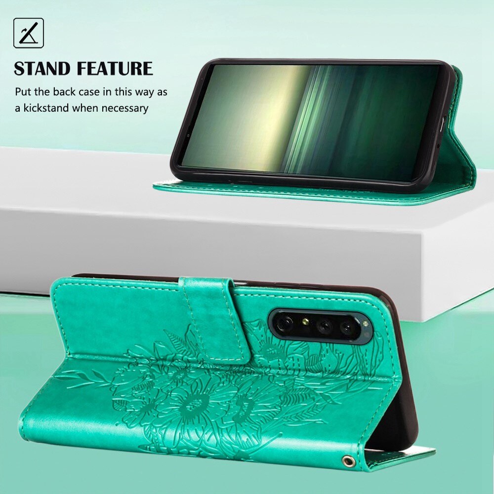 Custodia in pelle a farfalle per Sony Xperia 1 IV, Verde