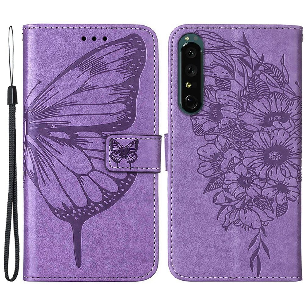 Custodia in pelle a farfalle per Sony Xperia 1 IV, viola