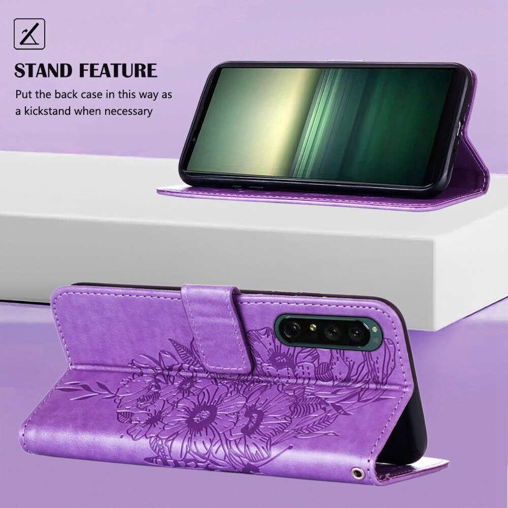 Custodia in pelle a farfalle per Sony Xperia 1 IV, Viola