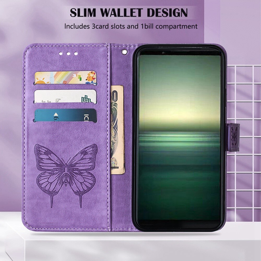 Custodia in pelle a farfalle per Sony Xperia 1 IV, Viola