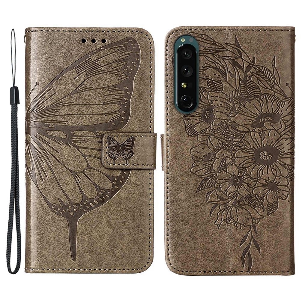 Custodia in pelle a farfalle per Sony Xperia 1 IV, Grigio