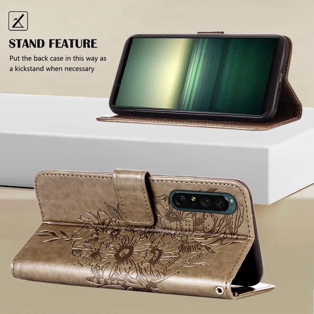 Custodia in pelle a farfalle per Sony Xperia 1 IV, Grigio