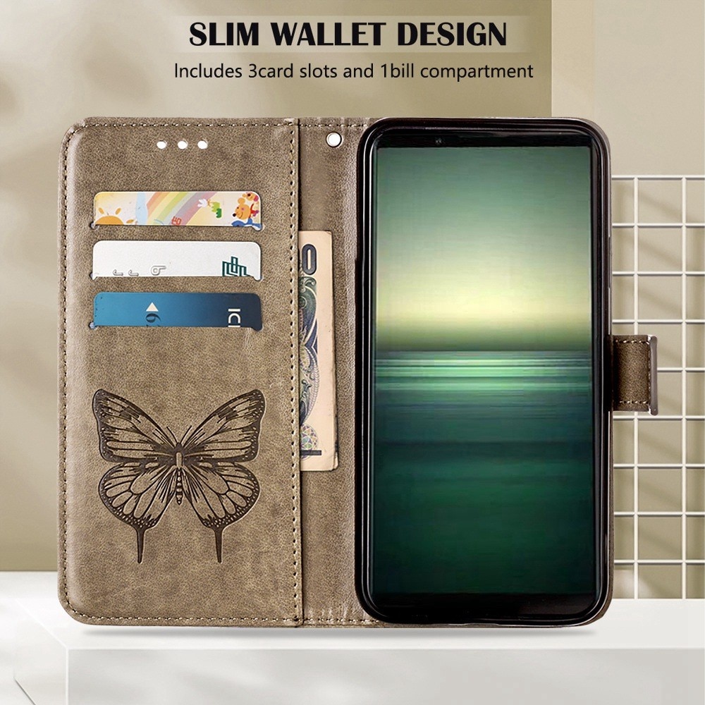 Custodia in pelle a farfalle per Sony Xperia 1 IV, Grigio