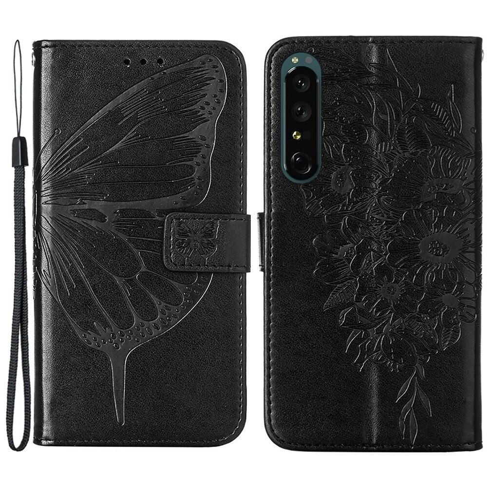 Custodia in pelle a farfalle per Sony Xperia 1 IV, Nero