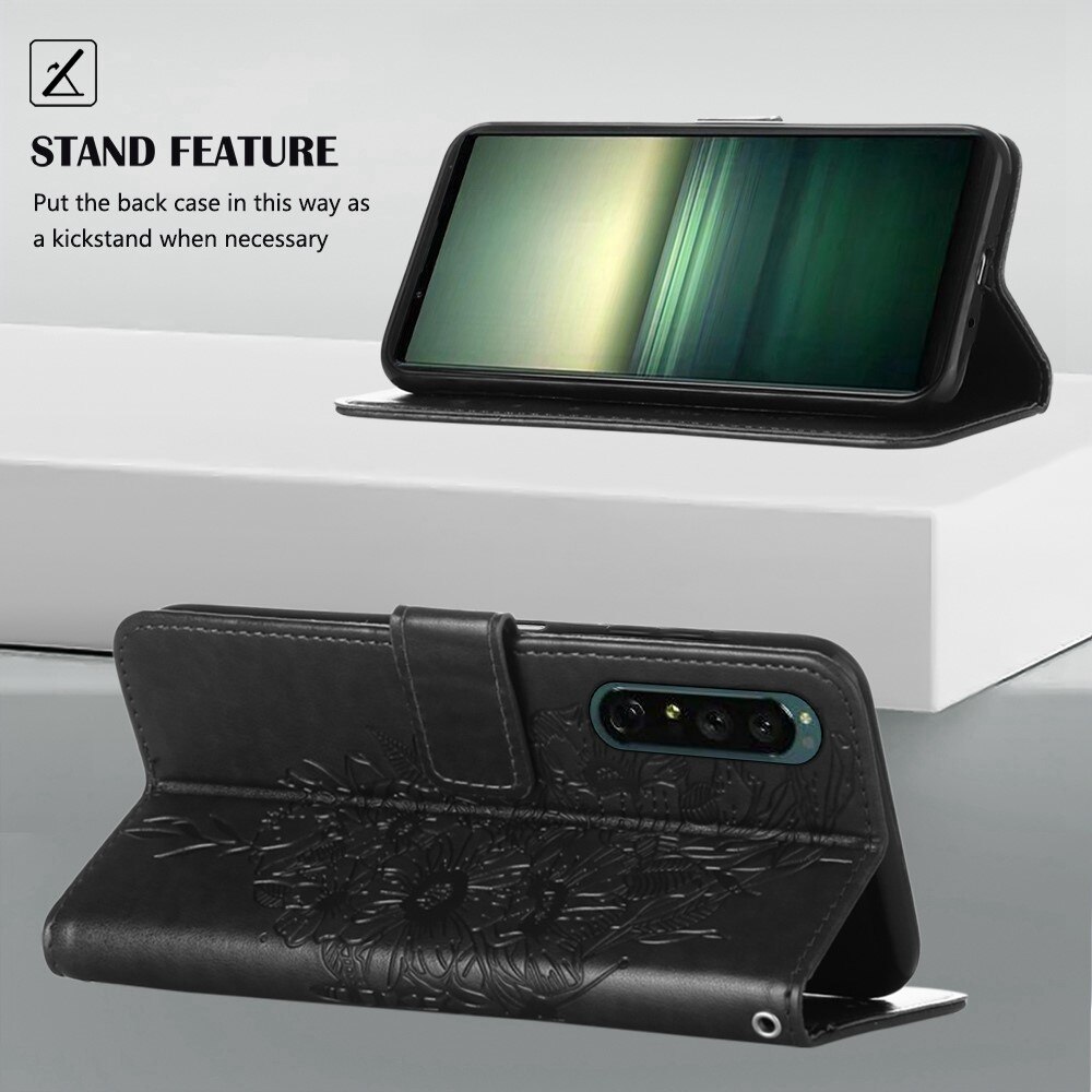 Custodia in pelle a farfalle per Sony Xperia 1 IV, Nero
