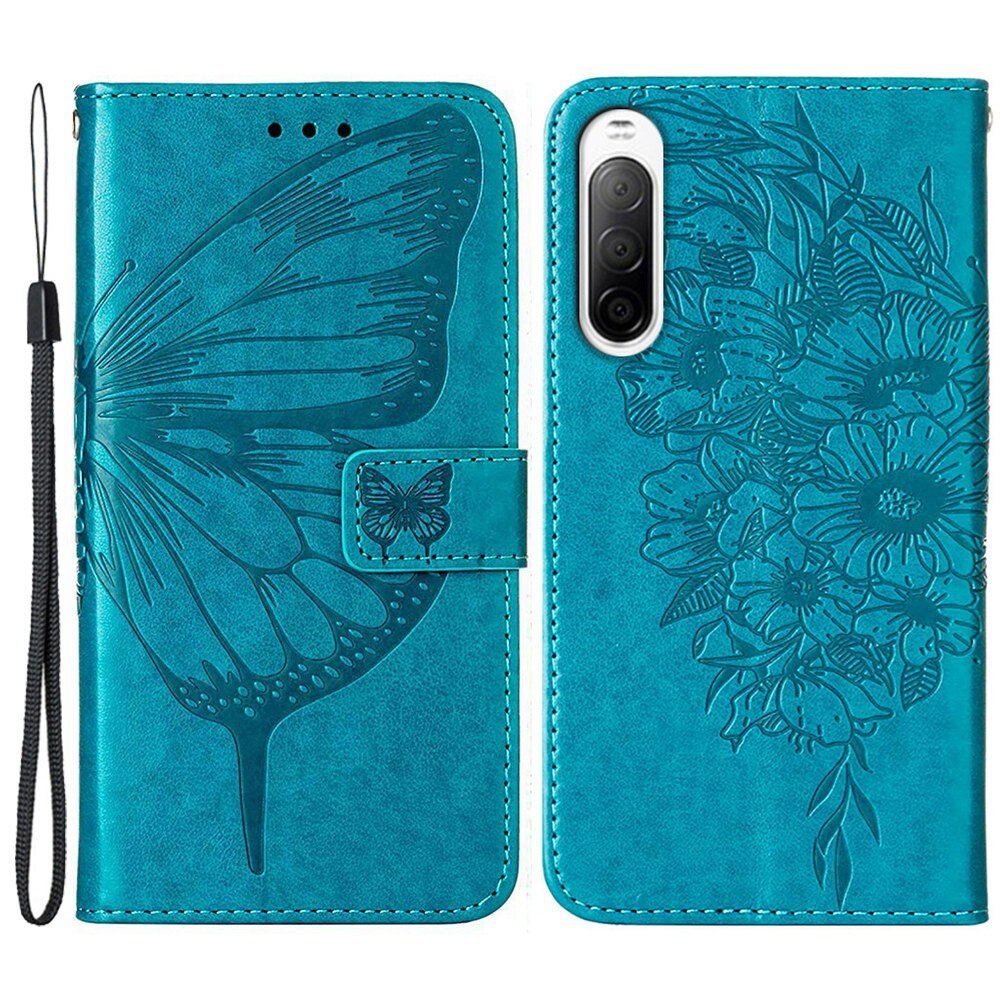 Custodia in pelle a farfalle per Sony Xperia 10 IV, Blu