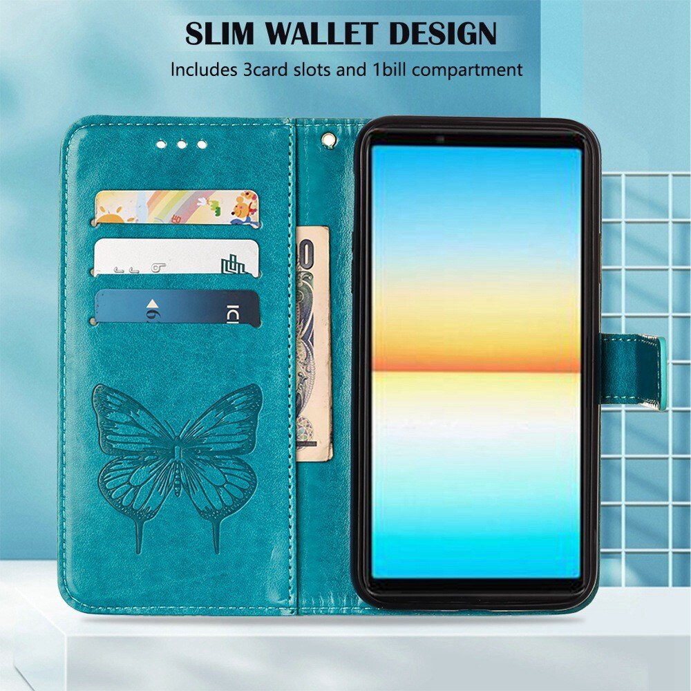Custodia in pelle a farfalle per Sony Xperia 10 IV, Blu