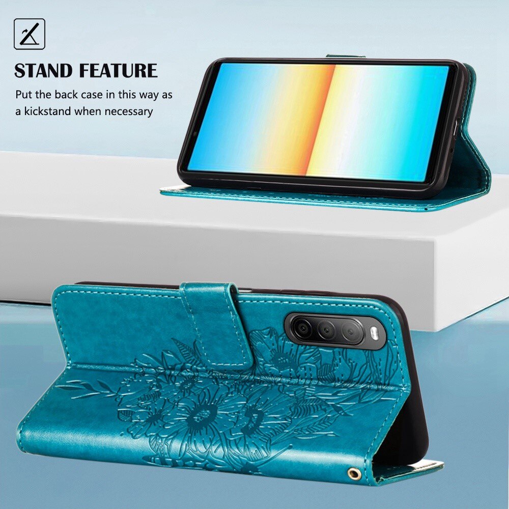 Custodia in pelle a farfalle per Sony Xperia 10 IV, Blu