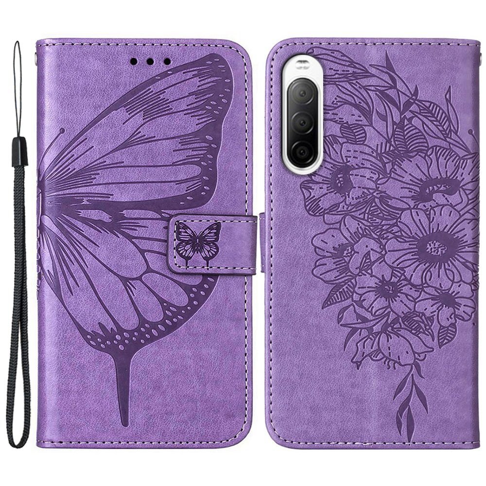 Custodia in pelle a farfalle per Sony Xperia 10 IV, Viola