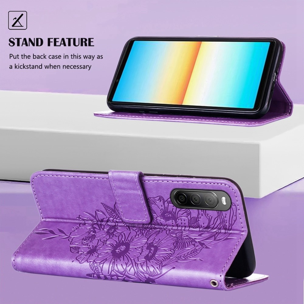 Custodia in pelle a farfalle per Sony Xperia 10 IV, Viola