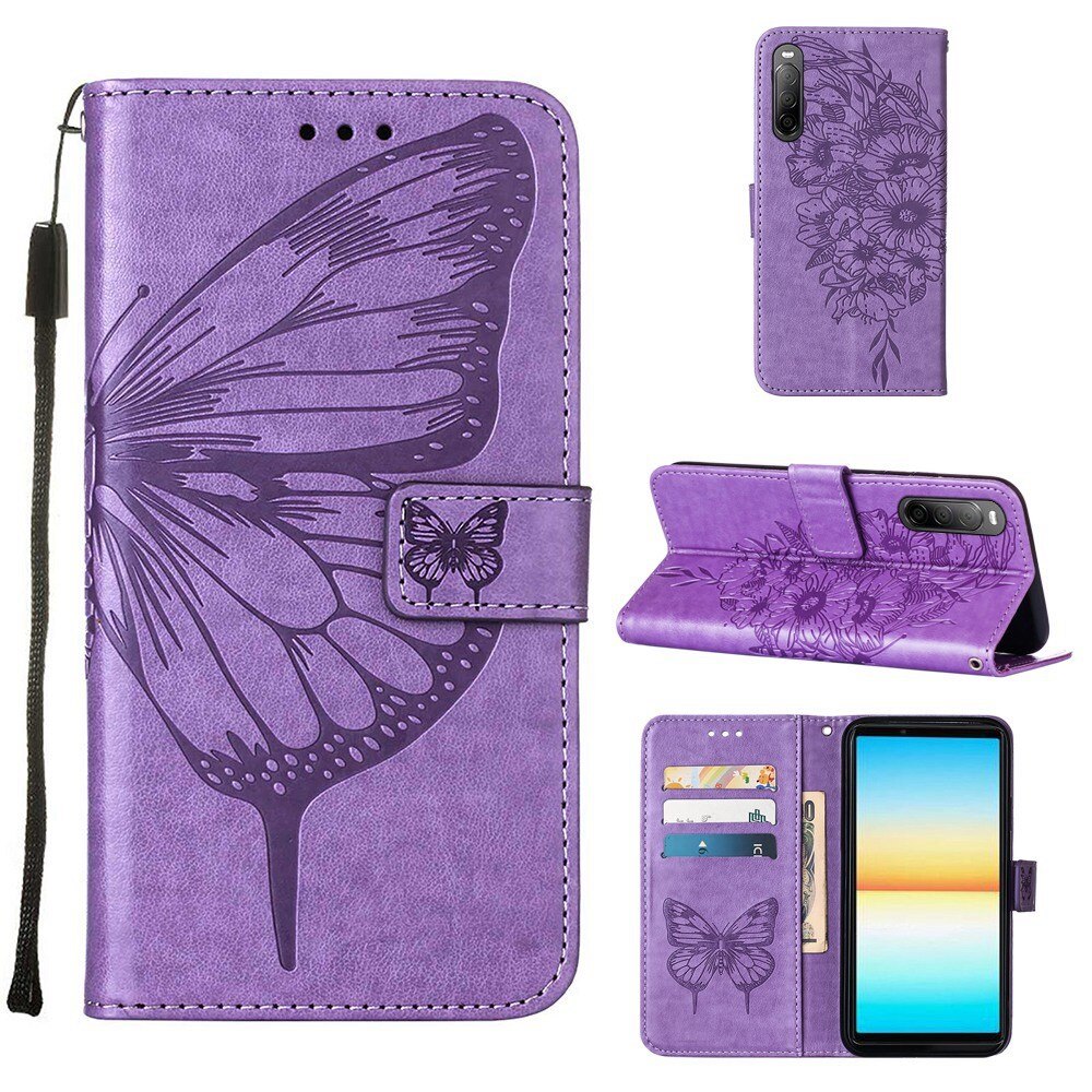 Custodia in pelle a farfalle per Sony Xperia 10 IV, viola