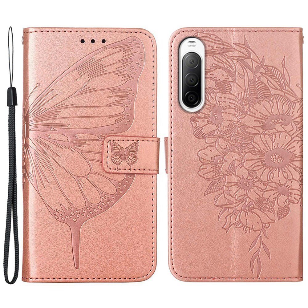 Custodia in pelle a farfalle per Sony Xperia 10 IV, Oro rosa