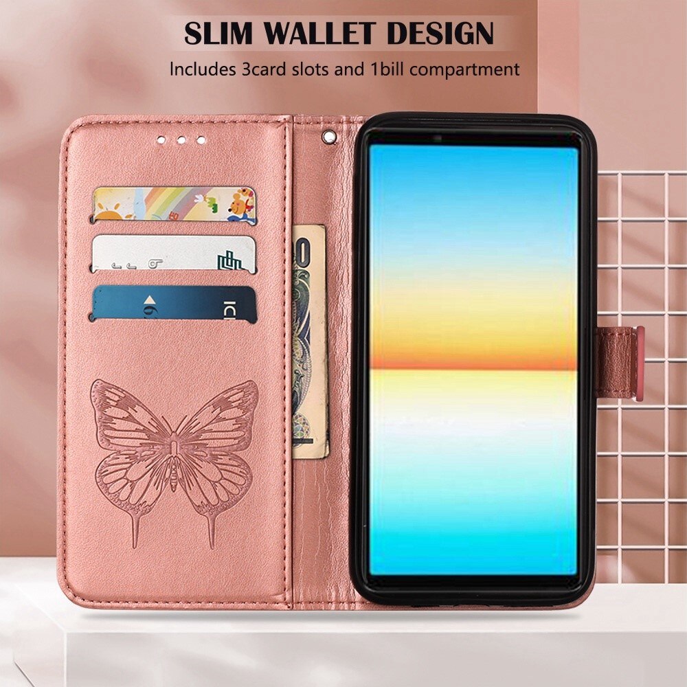 Custodia in pelle a farfalle per Sony Xperia 10 IV, Oro rosa