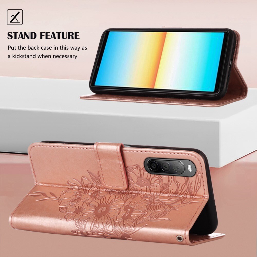 Custodia in pelle a farfalle per Sony Xperia 10 IV, Oro rosa